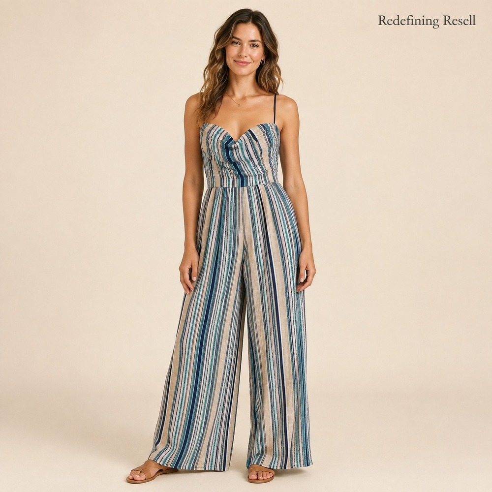 Band of Gypsies Womens Small Striped Wide Leg Jumpsuit Sweetheart Blue Pink NEW